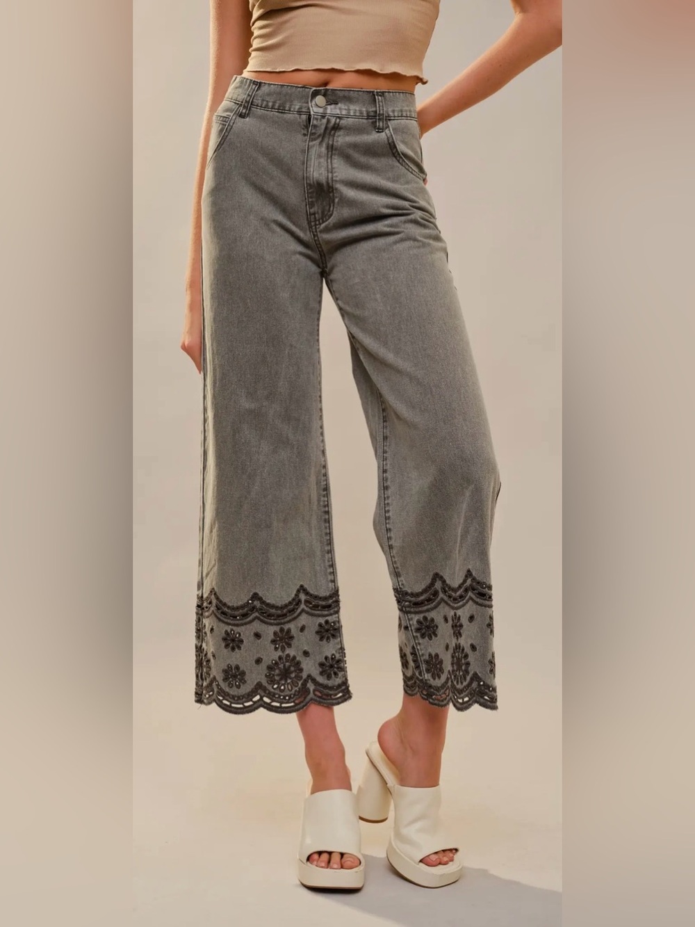 Wide Leg Cropped Embroidered Pants
 - Charcoal